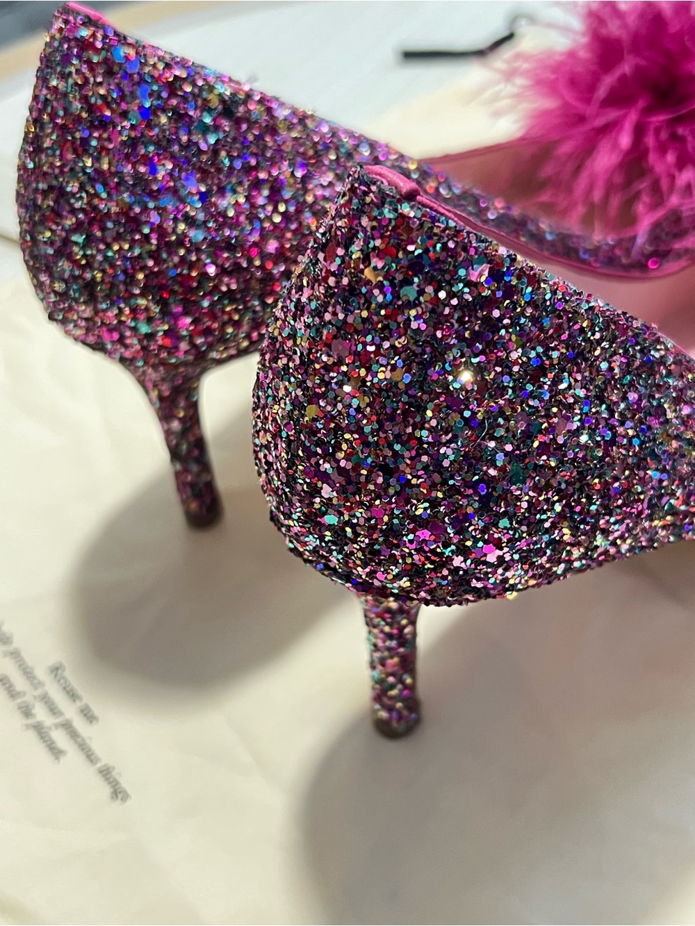 Kate Spade Marabou Glitter Dress Heels Fuchsia Feather Puff Statement Pumps 9.5 - Picture 7 of 12